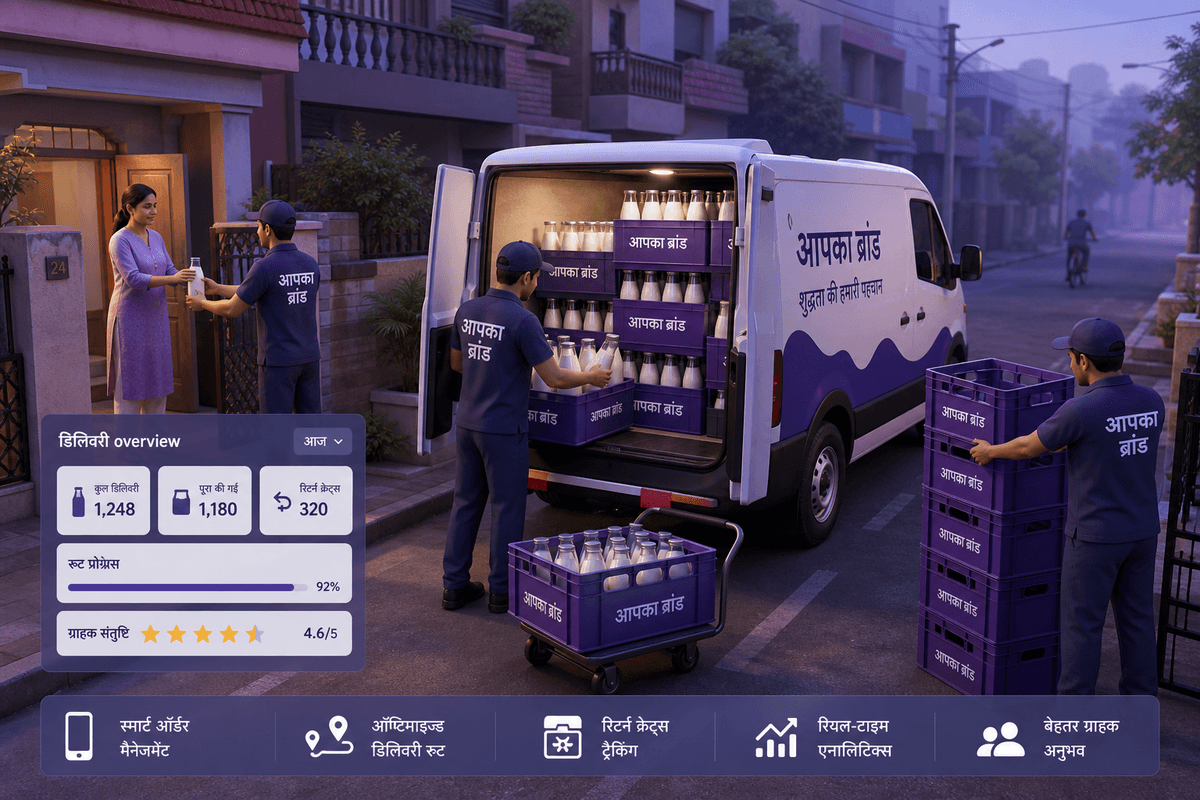 Milk crates and bottles loaded for an early morning dairy delivery route
