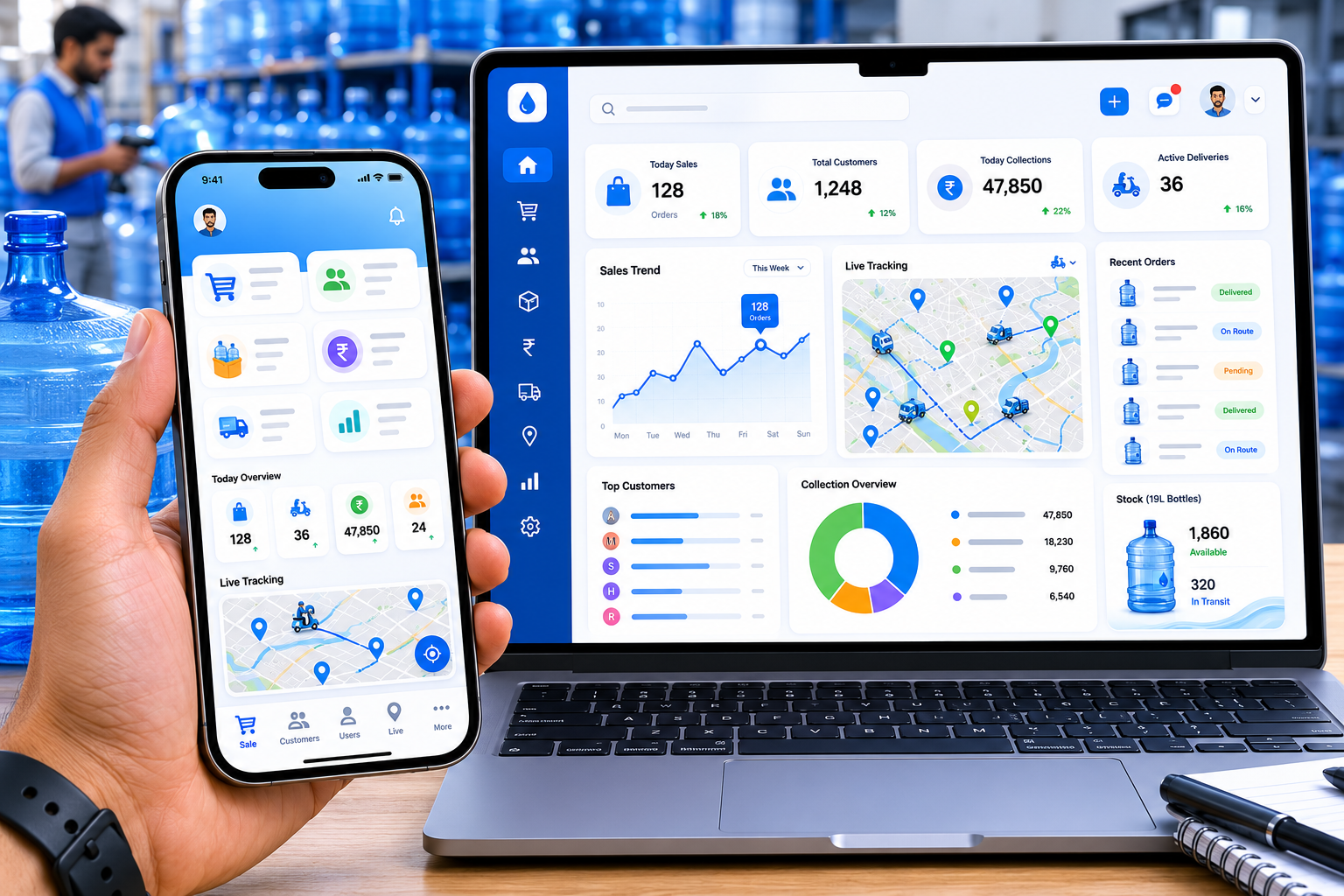 Mashqi admin on iPhone and laptop - mobile bottom navigation and desktop dashboard