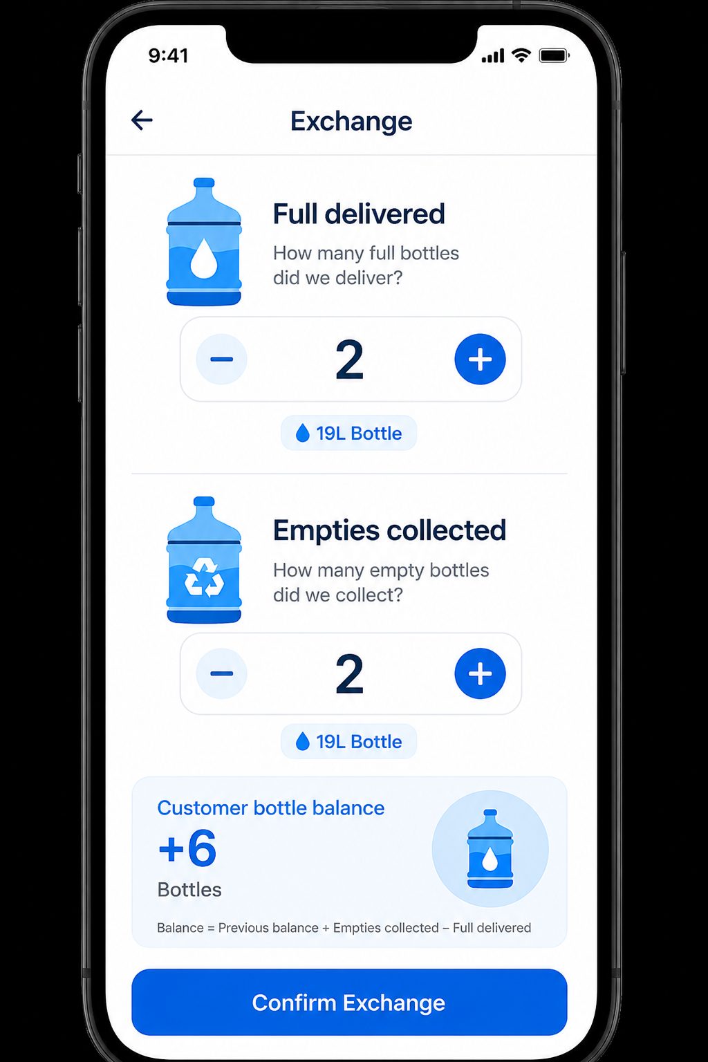 Bottle exchange screen showing full bottles delivered and empties collected