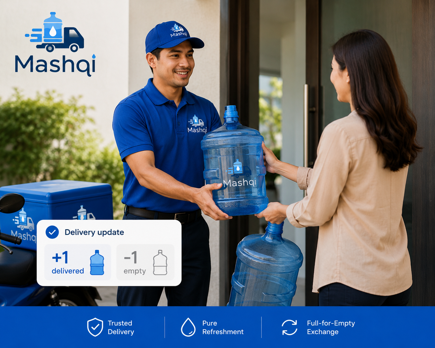 Kuwait 5-gallon HOD water delivery in summer heat with empties collected