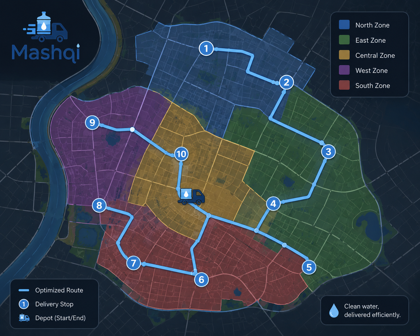 Map of an optimized water delivery truck route across city zones