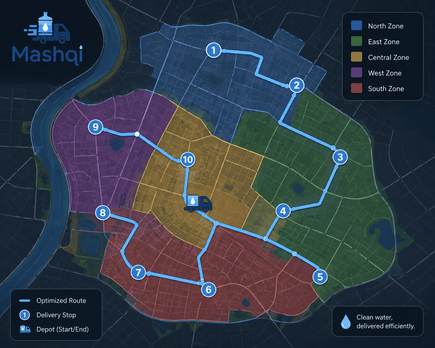 Lahore water delivery route map zoned by Gulberg, DHA, and Johar Town