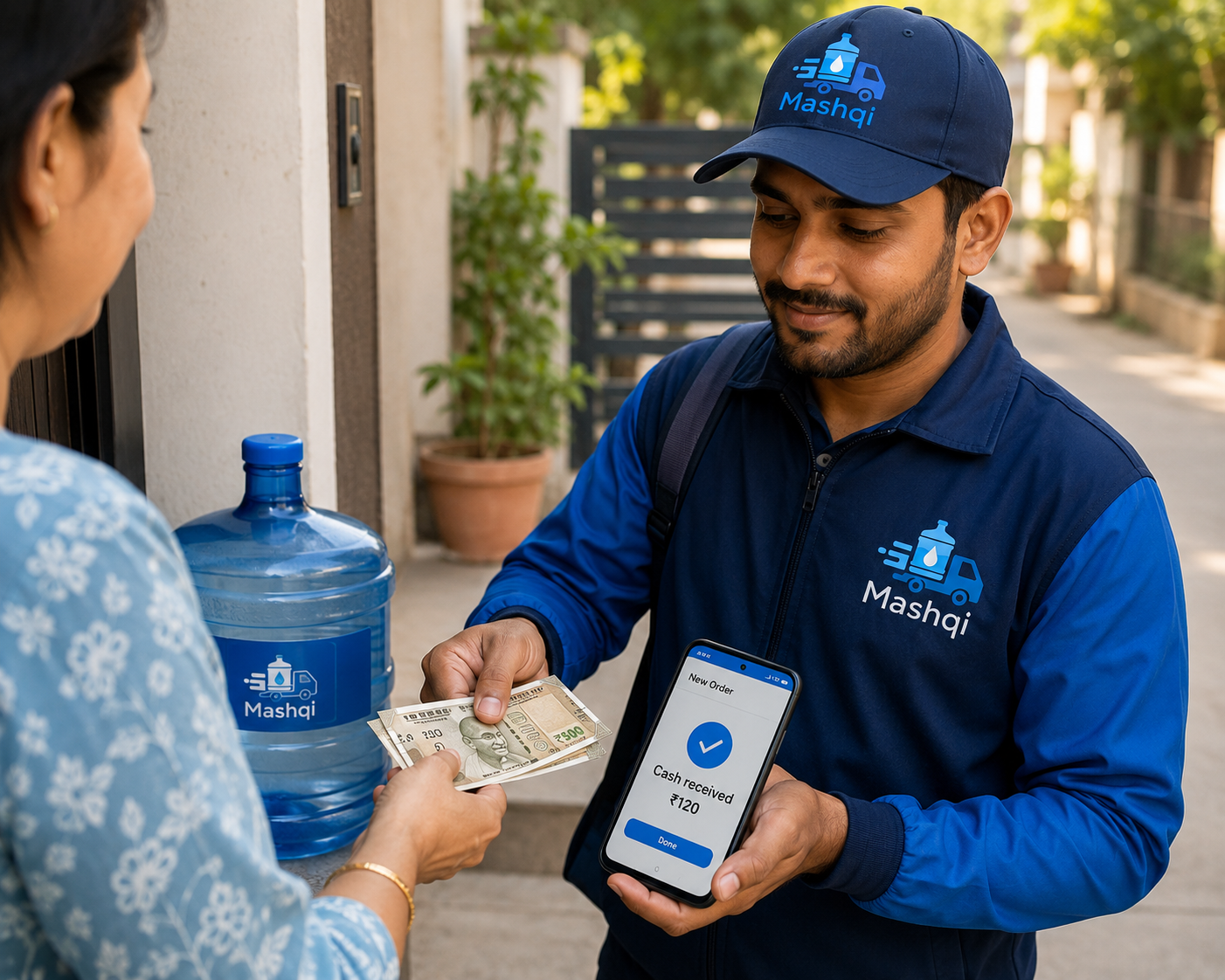 Rider collecting cash on delivery and recording it on a phone app