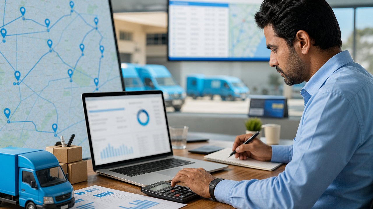 Dispatcher reviewing route map and delivery cost analytics on a laptop