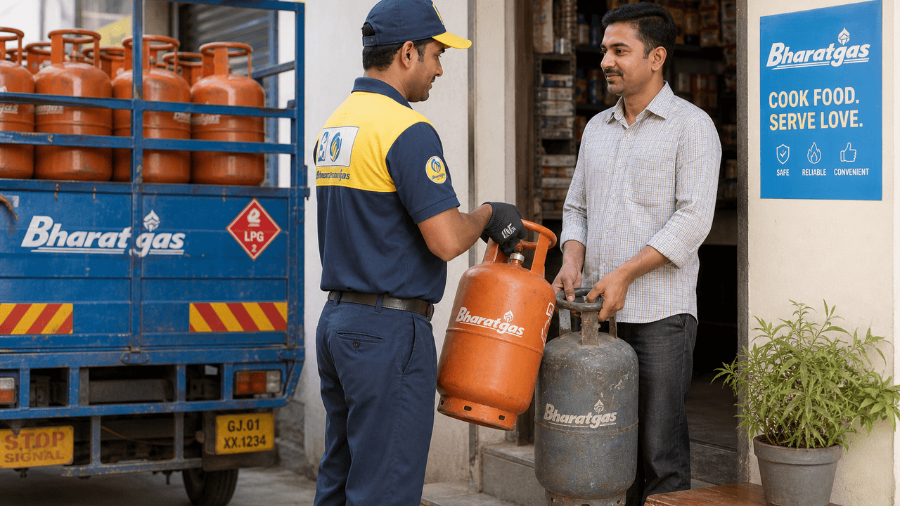 LPG cylinder delivery worker exchanging full and empty cylinders at a shop