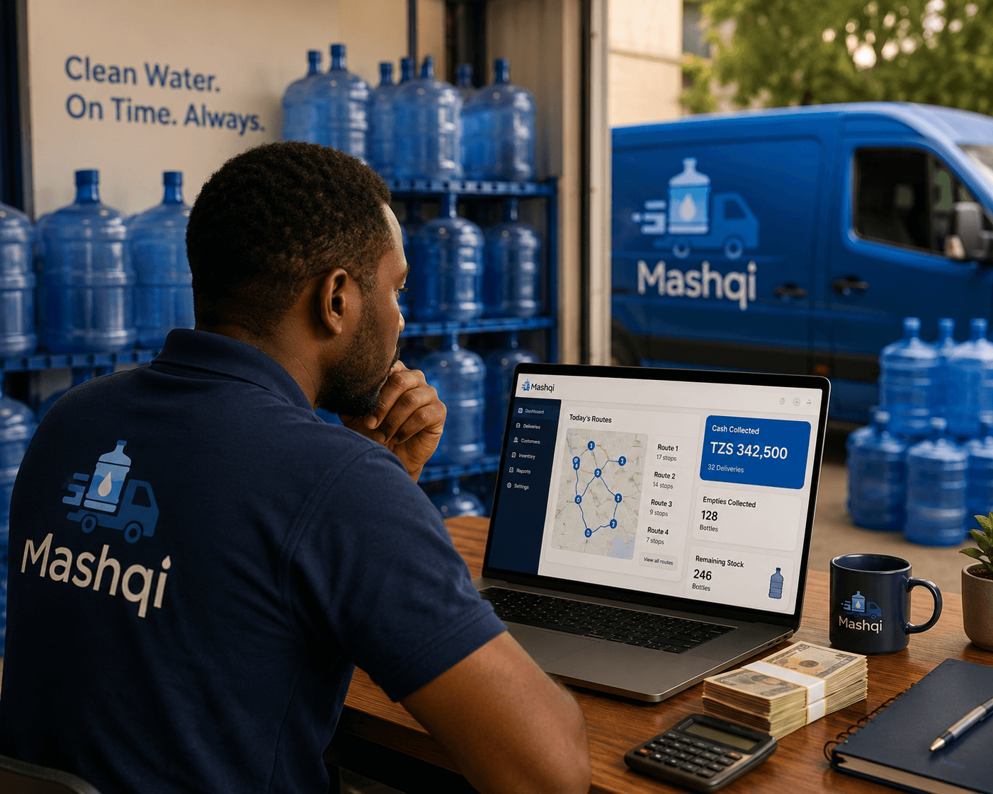 Multan summer water delivery with extra 19L bottles loaded for a heatwave route