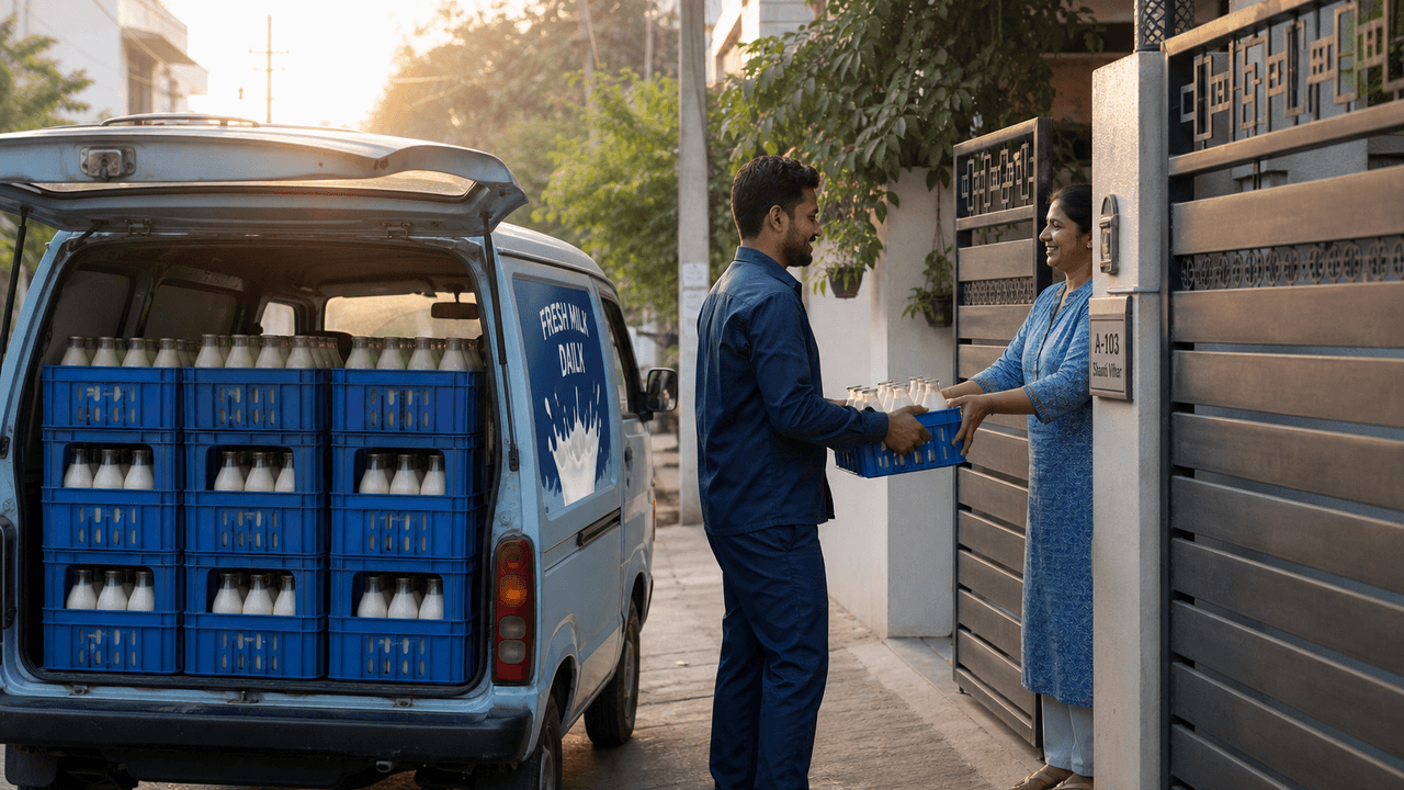 Milk crates and glass bottles counted on a dairy delivery round