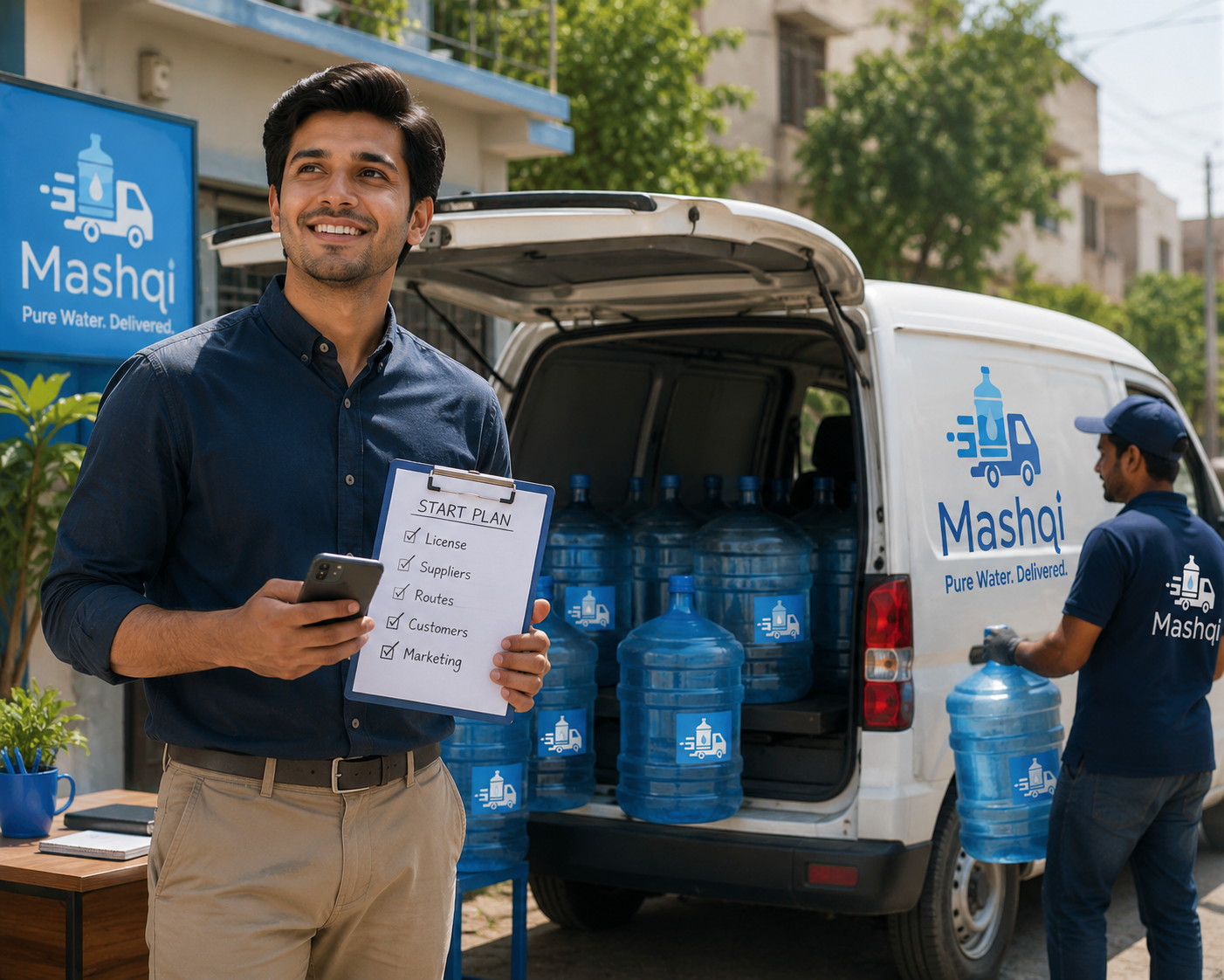 Entrepreneur planning a new water delivery business with bottles and a delivery van