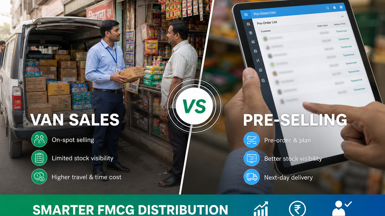FMCG van sales at a Pakistani kirana shop with stock and credit recorded on a phone