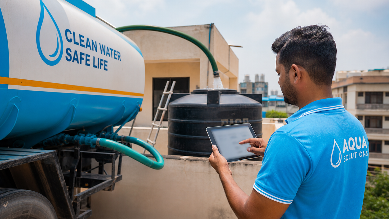 Quetta water tanker filling a site with trip pricing and credit tracked on a tablet