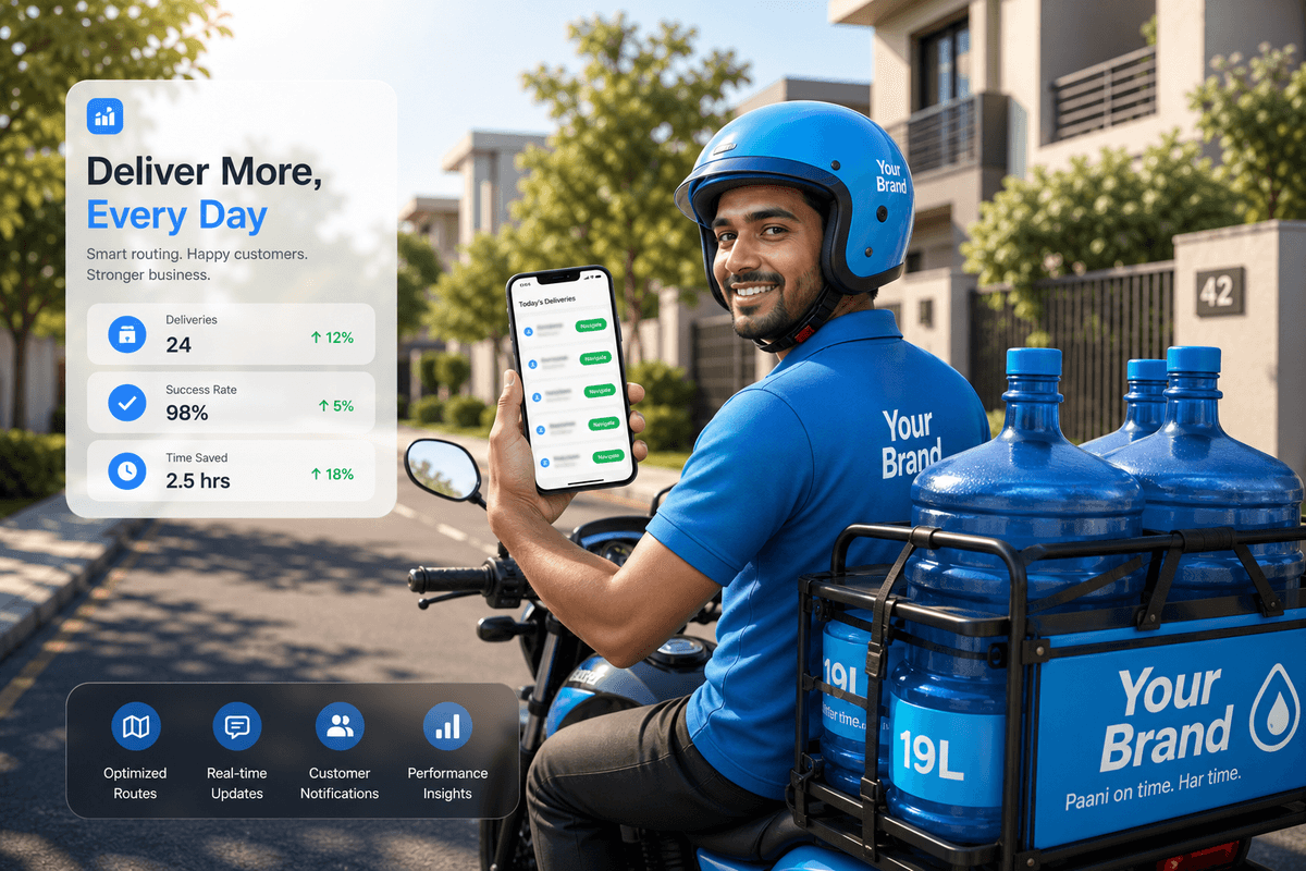 Peshawar water delivery rider posting a stop on a phone app with 19L bottles on the vehicle