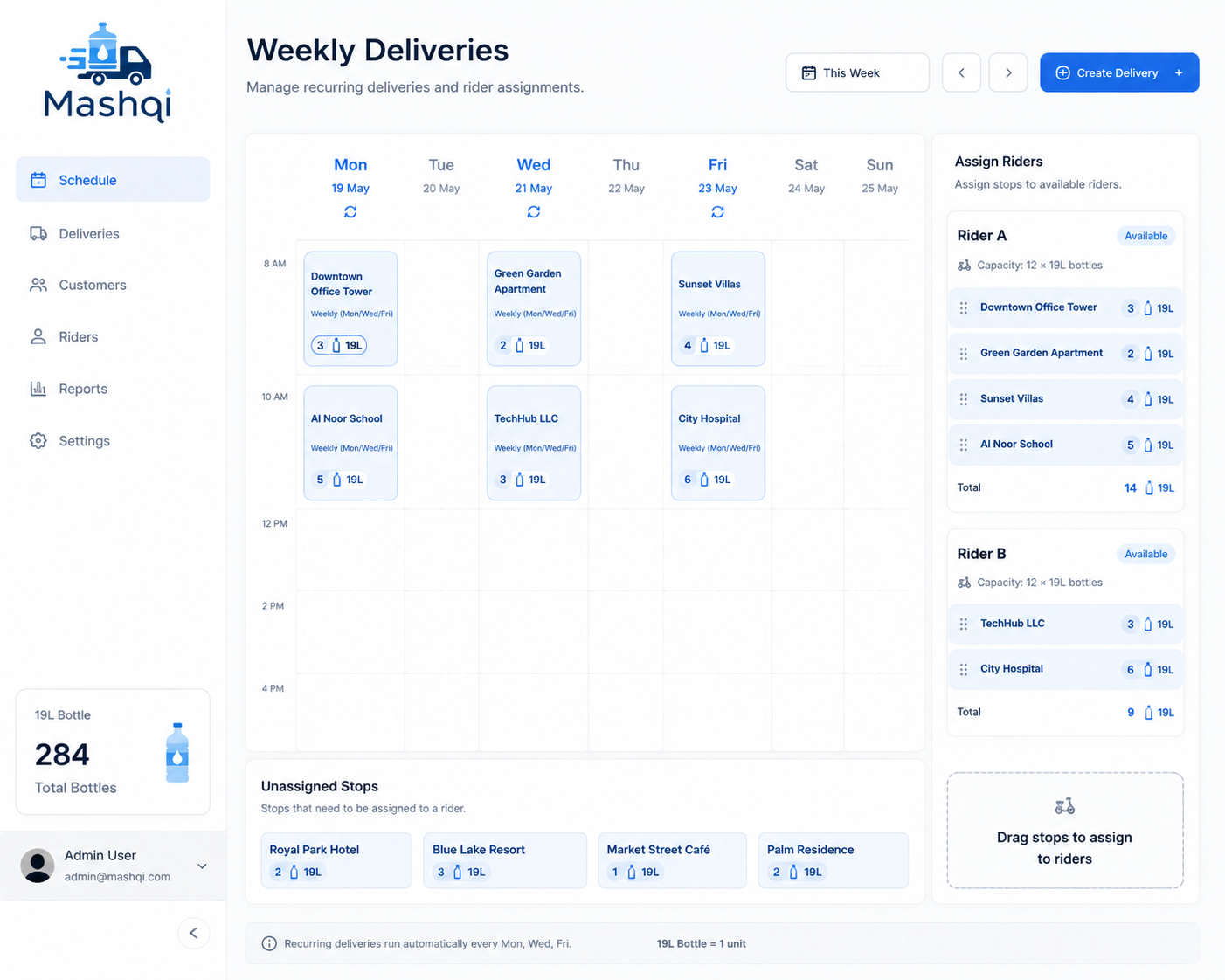 Delivery scheduling software showing a weekly recurring delivery calendar and rider assignments