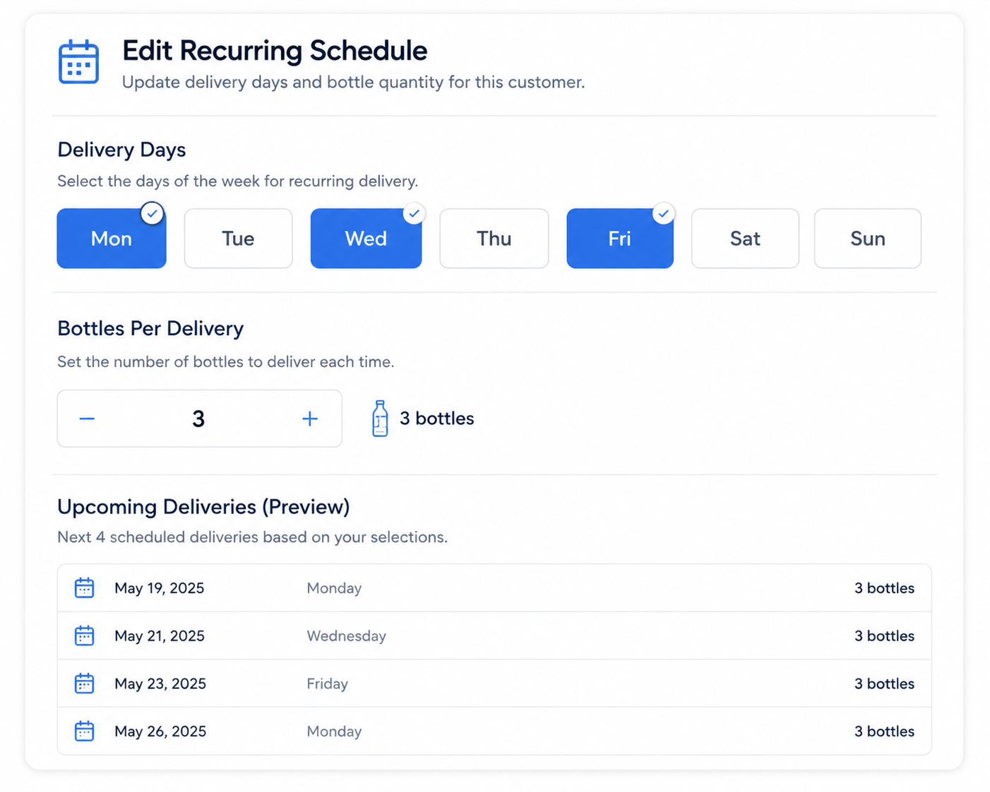 Recurring delivery schedule editor with weekly bottle quantities per customer