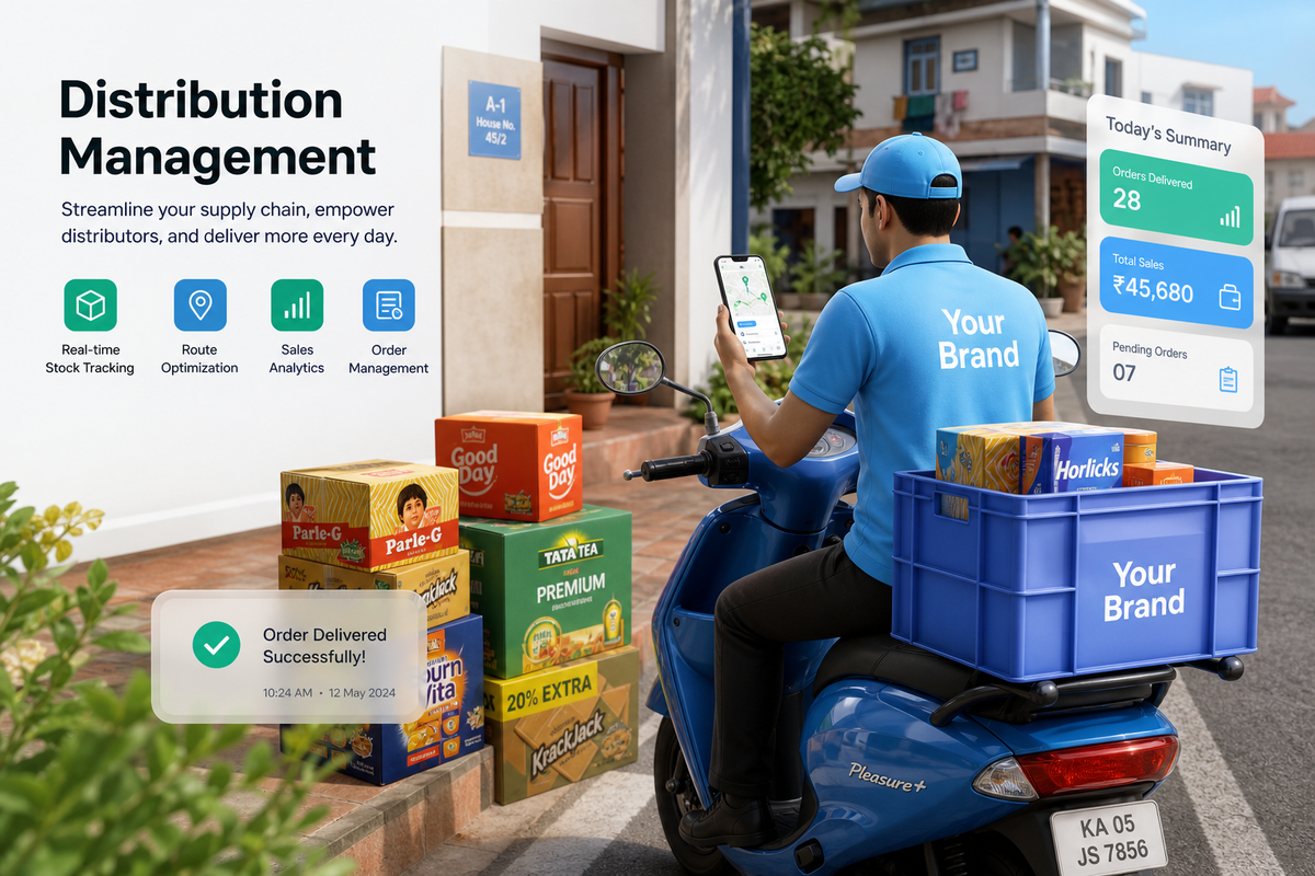 Distribution management dashboard with vehicle stock, customer balances, and daily settlement