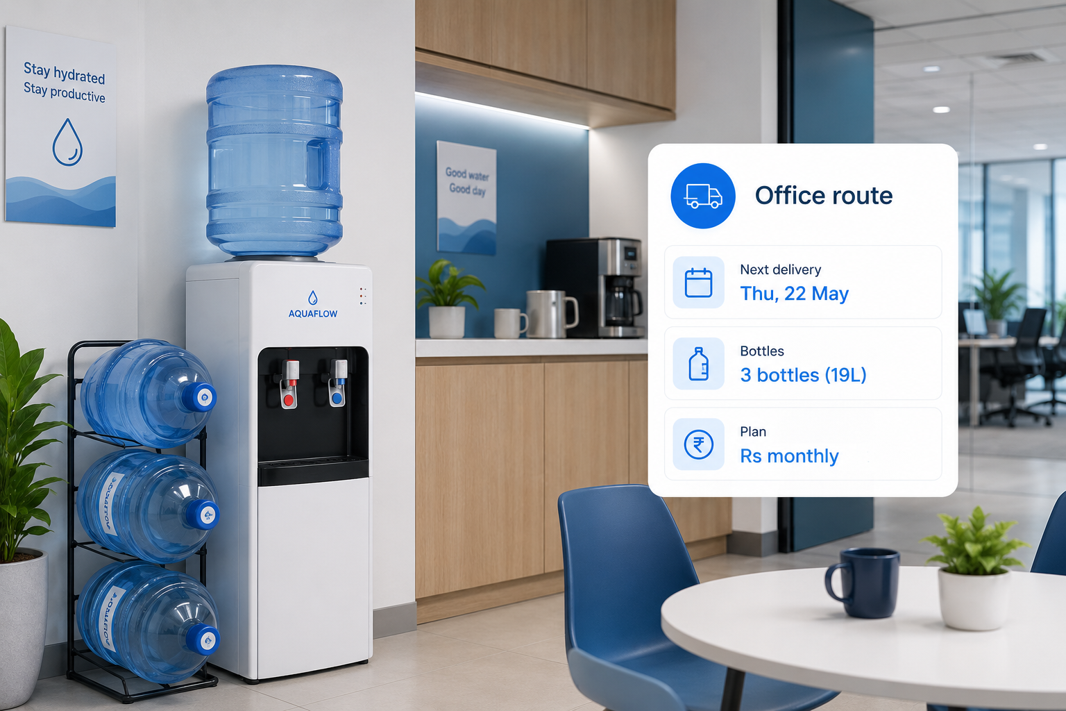 Doha office and compound 5-gallon water supply with cooler rental tracking