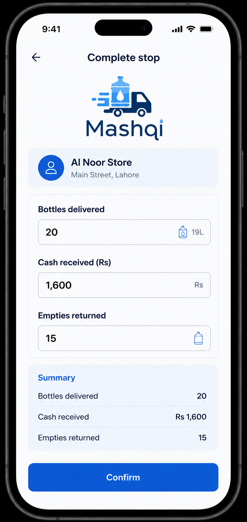 Proof of delivery app screen confirming delivered quantity, cash, and empties