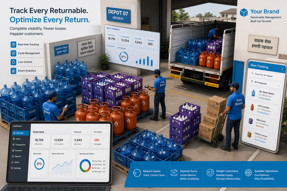 Returnable containers - bottles, cylinders, and crates - tracked per customer with deposits