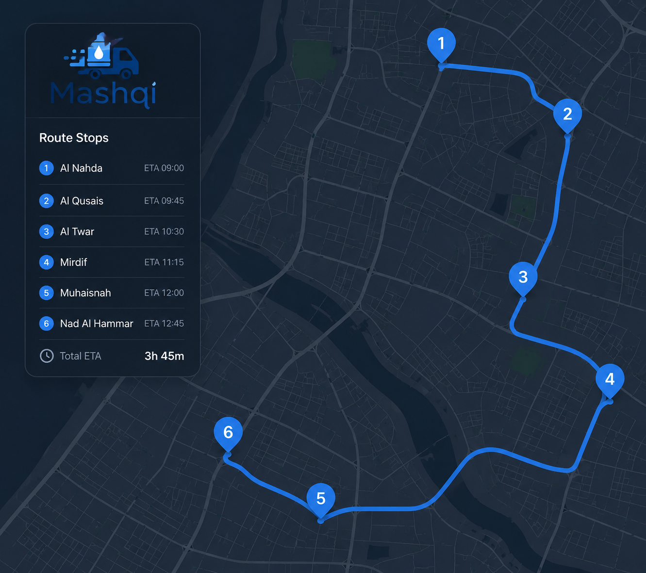 Optimized water delivery route plotted across a city with sequenced stops
