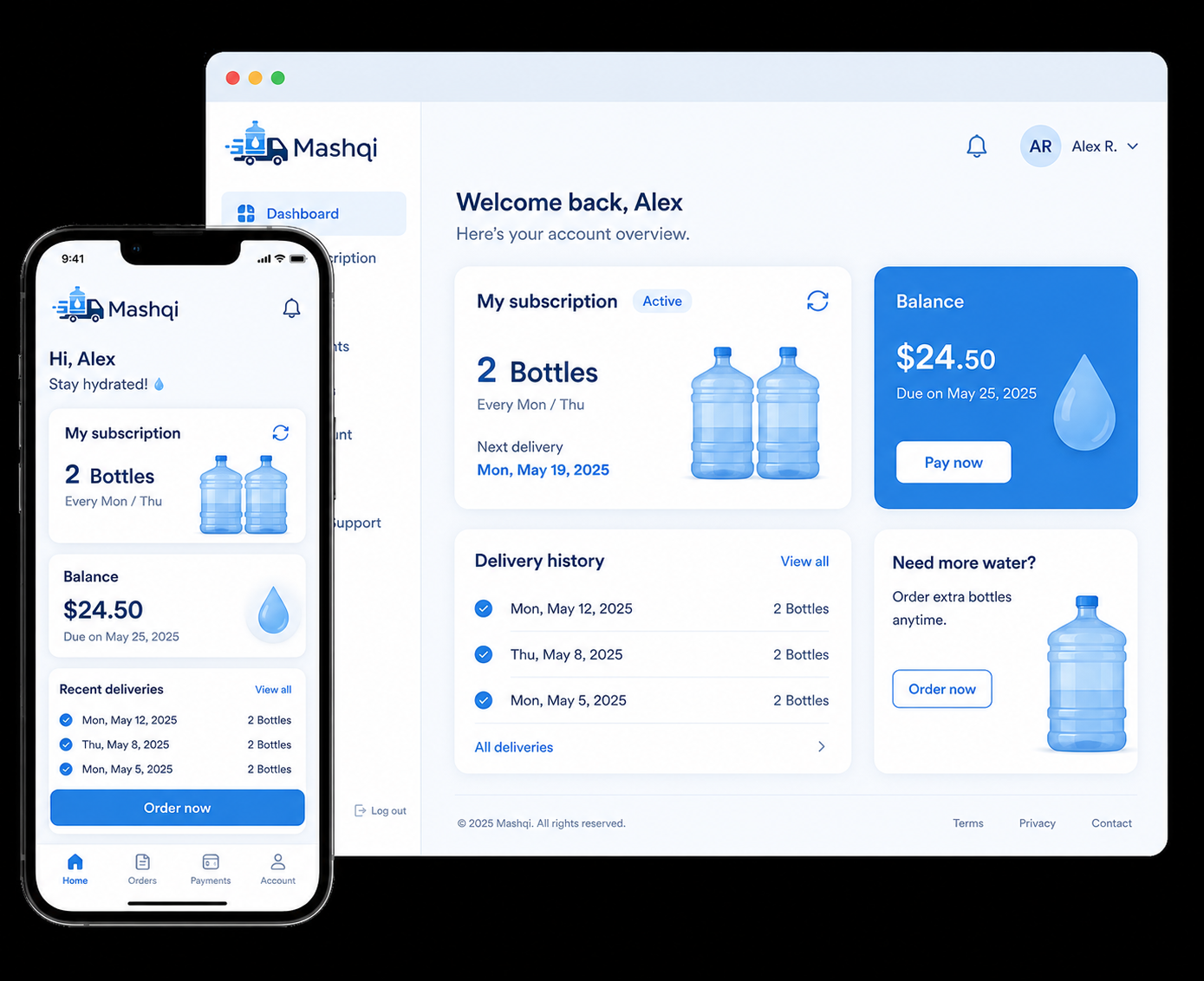 Customer portal showing a water subscription, balance, and delivery history
