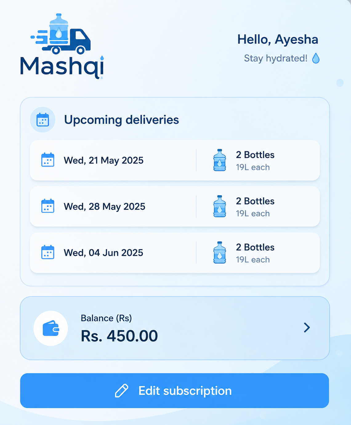 Customer subscription portal showing upcoming deliveries and account balance