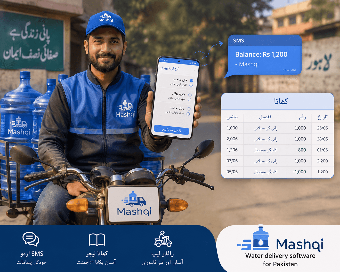 Multan water delivery in summer heat with 19L bottles and a rider using a delivery app